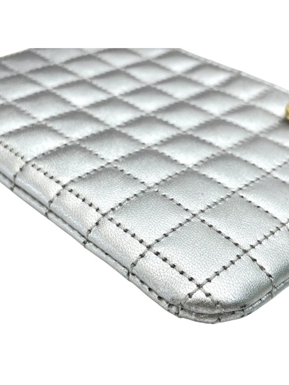 Celine C Charm Coin Purse Card Case Mini Pouch Quilted Leather Silver Simple - Picture 4 of 9